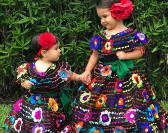 Mexican Chiapaneca Dress for Babies and Girls Handmade Embroidered Black with Multicolor Floral Embroidery Gala Party Gown Chiapas Dresses