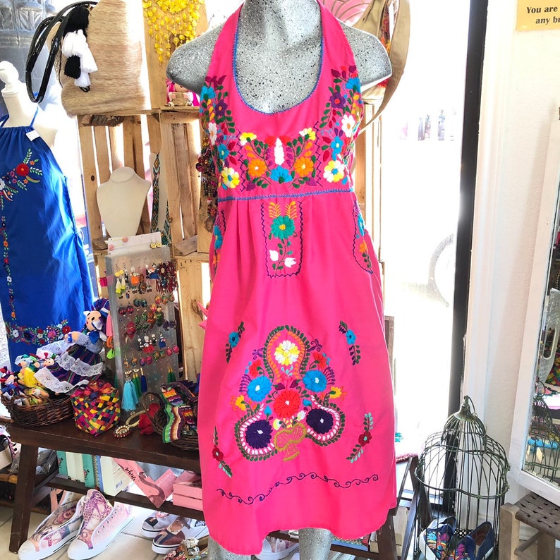 Many Colors Mexican Halter Dress with Floral Multicolor Embroidery Sundress Summer Dress Open Back Beach Wear Made in Puebla Mexico