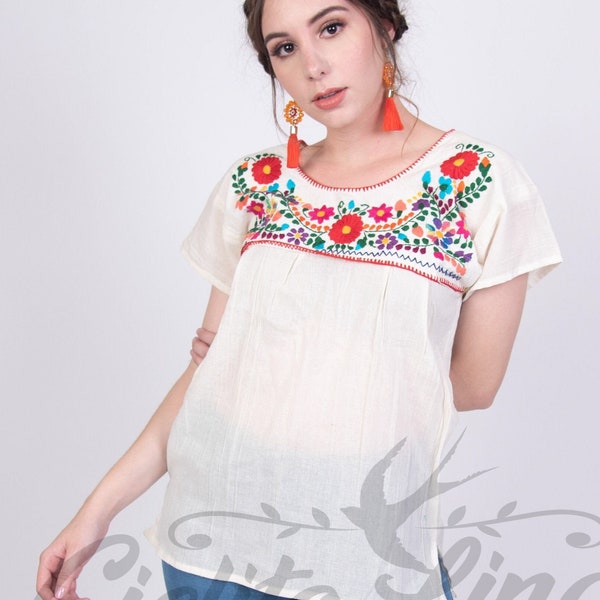 Mexikanische Creme Bluse mit Multicolor florale handgemachte Stickerei - Leichter Baumwollstoff - Fiesta Top Party Bluse Traditionelle Puebla