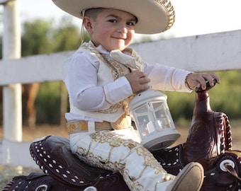 Mexican Charro Boys Suit 8-Piece Set Jacket Vest Pants Hat Bow Shirt Belt Boots - Embroidered - Metal Buttons