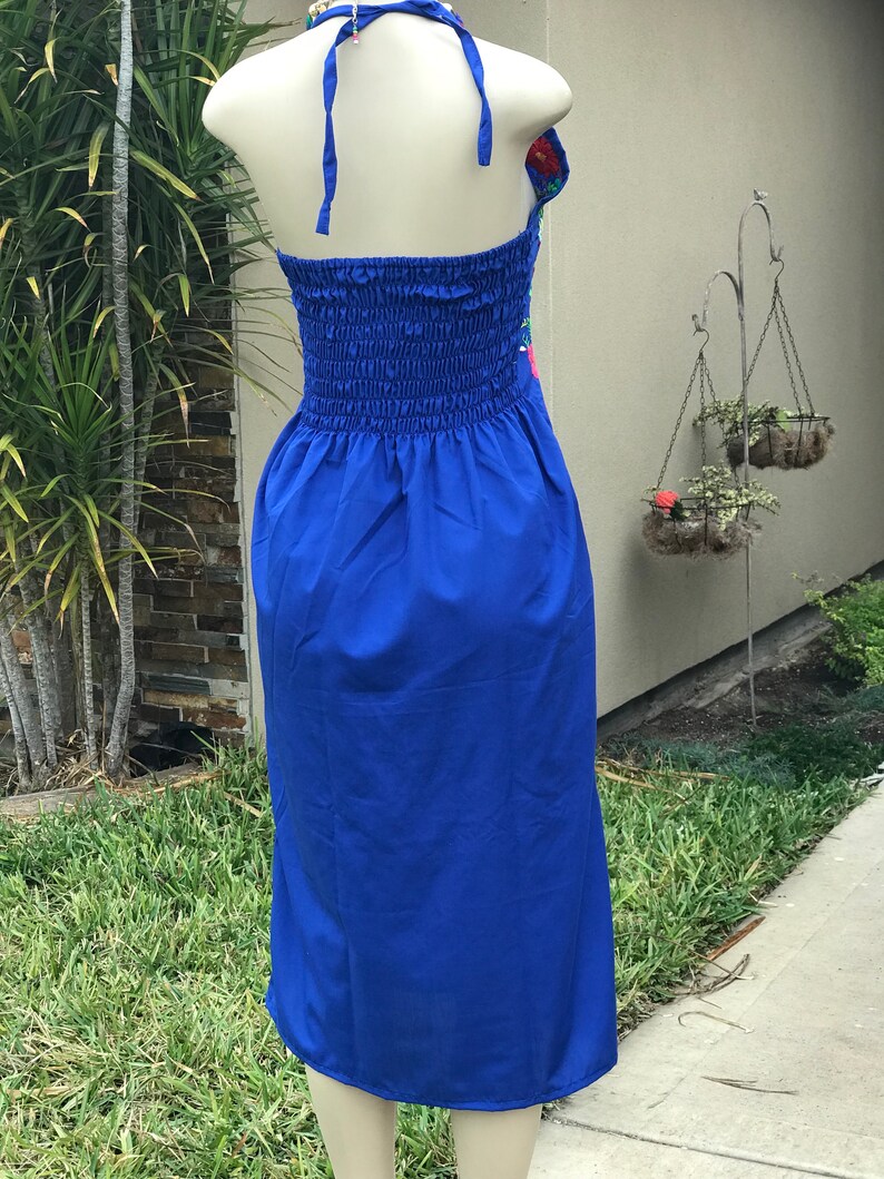 Many Colors Mexican Halter Dress with Floral Multicolor Embroidery Sundress Summer Dress Open Back Beach Wear Made in Puebla Mexico