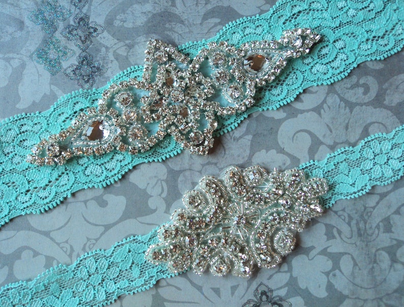 Wedding Garter Set Something Blue Bridal Garter Belt Aqua Lace Garter