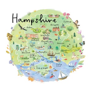 Hampshire UK Karte | illustrierte Karte von Hampshire | Wandkunst Hampshire | Hampshire-Malerei | Hampshire Geschenk | Southampton UK Karte