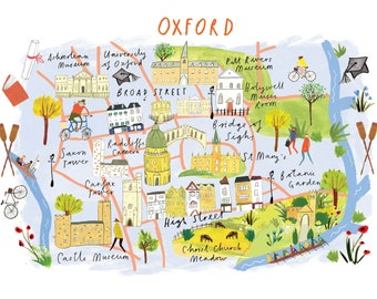 May include: A colorful illustrated map of Oxford, England, with landmarks like the Ashmolean Museum, University of Oxford, Radcliffe Camera, Carfax Tower, and Christ Church Meadow. The map features a river, trees, and people walking and biking.