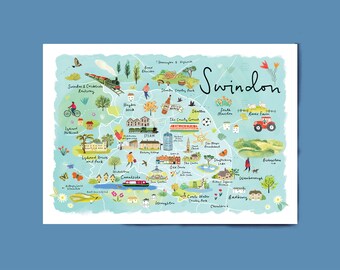 May include: A colorful illustrated map of Swindon, England, with landmarks and points of interest highlighted. The map features a blue background with green trees, red buildings, and a train track.