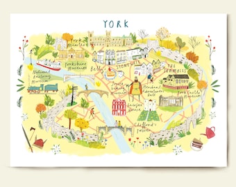 May include: A colorful illustrated map of York, England, featuring landmarks like York Minster, The Shambles, and Clifford's Tower. The map includes text labels and a yellow background with decorative elements.