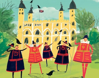May include: A group of five people dressed in red and black uniforms stand in front of a yellow building with towers. They are holding sticks and are looking at a black bird on the ground. The building is the Tower of London.