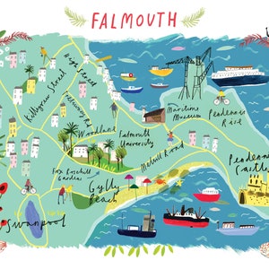 Falmouth, Cornwall Karte | illustrierte Karte von Fmouth | Wandbild Cornwall | Cornwall Malerei | Falmouth Geschenk | Falmouth UK Karte