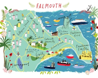 May include: A colorful illustrated map of Falmouth, England, featuring landmarks like Gylly Beach, Pendennis Castle, and the Maritime Museum. The map is drawn in a whimsical style with bright colors and hand-drawn lettering.