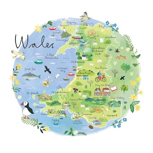 May include: A detailed illustrated map of Wales, highlighting towns and landmarks such as Snowdonia and Cardiff. The map is encircled by floral and fauna illustrations, with the word "Wales" in a handwritten style.