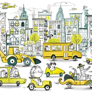 Kid's City print | Kid's Transport Wall Print | Kids Animal Illustration |  Nursery Wall Decor | New York Children's Print | Yellow art