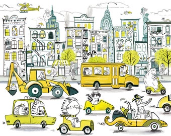 May include: A colorful illustration of a city scene with various animals driving vehicles. A yellow school bus, a yellow taxi, a yellow digger, a yellow car with a raccoon driver, a yellow car with a cat driver, a yellow car with a crocodile driver, and a green scooter with a white fluffy animal driver are all featured in the illustration.