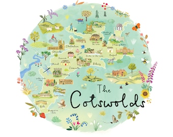 May include: A watercolor illustration of a map of the Cotswolds region in England. The map is in the shape of a circle and features various towns and villages, including Cheltenham, Chipping Norton, Burford, and Bibury. The map is surrounded by flowers and other natural elements.