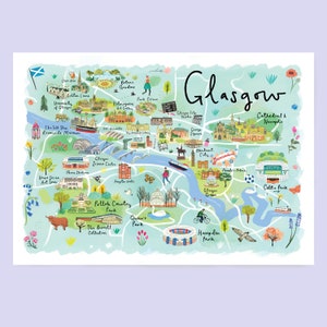 Glasgow : carte | illustrée de Glasgow | Art mural Glasgow| Tableau de Glasgow | Cadeau Glasgow, Écosse | Illustration de Glasgow Impression artistique