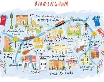May include: A colorful illustrated map of Birmingham, England, with landmarks and points of interest, including the Cathedral, Chamberlain Square, Symphony Hall, The Rotunda, The Bullring, Custard Factory, and The Mailbox.
