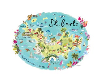 May include: A colorful illustrated map of St. Barts featuring landmarks like Villa Kercliff, St. Jean Beach, and Gouverneur Beach. The artwork includes sailboats, marine life, tropical flora, and the text St. Barts, David & Samantha, 11.07.2025.