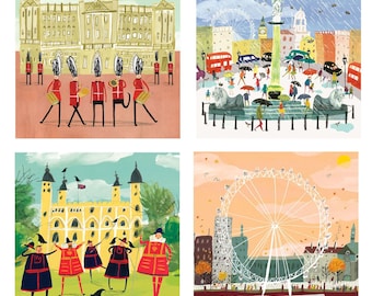 May include: Four colorful illustrations of London landmarks. One shows Buckingham Palace with marching guards. Another depicts Trafalgar Square with the London Eye in the background. The Tower of London and the London Eye are also featured.
