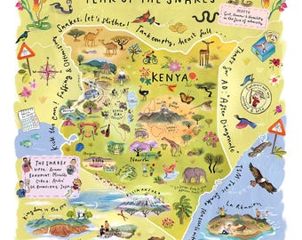 May include: A colorful illustrated map of Kenya with the text "Year of the Snakes." The map features various animals, landmarks, and phrases like "Snakes, let's slither!" and "Tank empty, heart full..." The artwork includes a compass, birds, and flowers.