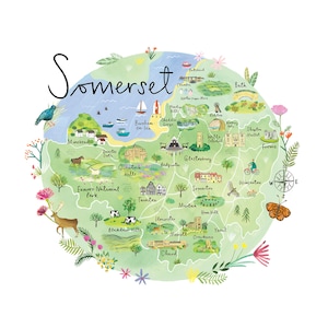 Somerset Karte | illustrierte Karte von Somerset | Wandkunst Somerset | Somerset Malerei | Somerset Geschenk | Somerset Kunstdruck | Southwest UK Karte