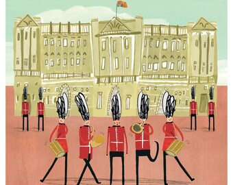 May include: A cartoon illustration of a group of red-coated guards with tall black hats and white plumes marching in front of a large building. The building has many windows and a flag flying from the top.