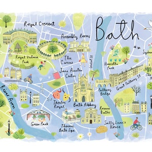 Mappa di Bath / mappa illustrata di Bath / Wall Art Bath, Somerset / Illustrazione di Bath / Regalo di Bath / Mappa di Bath nel Regno Unito