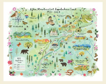 May include: A colorful illustrated map titled Afton Mountain's Lost Appalachian Trail 1931-2024, featuring Virginia landmarks, wildlife, flora, and hiking trails. The map includes a legend, road labels, and various hand-drawn nature elements.