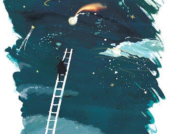 May include: A person climbs a ladder reaching for a shooting star in a dark blue sky with white clouds and gold stars.