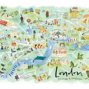 London Karte Illustration | London Wand Kunst | LIMITIERTE AUFLAGE 'Curious London' A2 Druck | London Sehenswürdigkeiten | Geschichte Londons | Themse uk