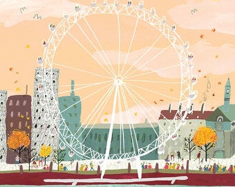 May include: A white Ferris wheel with people in the gondolas against a peach-colored sky with white clouds. The Ferris wheel is in front of a cityscape with buildings and trees. The ground is red and there is a body of water in the foreground.