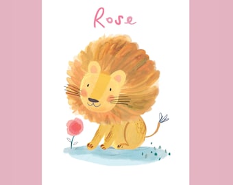 May include: A digital illustration on a white background featuring a yellow lion with a brown mane sitting next to a small pink flower. The word Rose is written in pink script above the lion. The lion has a light blue patch of ground beneath it.