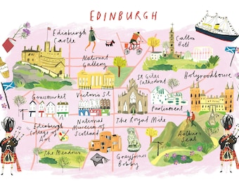 May include: A whimsical illustrated map of Edinburgh, Scotland, featuring landmarks like Edinburgh Castle, St. Giles Cathedral, and Arthur's Seat. The map is in a pink color scheme with hand-drawn elements and text labels.