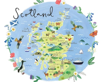 May include: A colorful illustrated map of Scotland, featuring the country's outline in green, surrounded by a blue background. The map includes illustrations of landmarks, animals, and the text "Scotland" in a whimsical font. Floral and botanical elements frame the map.
