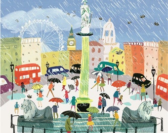 May include: A colorful illustration of a London street scene with a statue of a person on a column in the center. The scene is set on a rainy day with people walking under umbrellas. There are buildings in the background, including a building with a clock tower and a Ferris wheel. The scene is painted in a whimsical style with bright colors and bold lines.