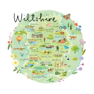 May include: A watercolour illustration of a map of Wiltshire, England, with various landmarks and towns labelled. The map is surrounded by flowers and butterflies, and the text "Wiltshire" is written in a large, stylised font at the top.
