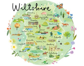 May include: A watercolor illustration of a map of Wiltshire, England, with various landmarks and towns labeled. The map is surrounded by flowers and butterflies, and the text "Wiltshire" is written in a large, stylized font at the top.