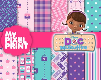 Doc McStuffins Disney Junior inspirado - cumpleaños Teal rosa púrpura fiesta chicas Lambie congestión patrones - paquete de papel de Scrapbooking Digital
