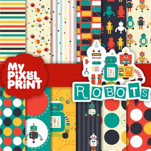 Robots - Blue Yellow Red - Kids - Digital Scrapbooking Paper Pack - My Pixel Print