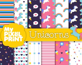 Unicorns - Unicorn patterns, rainbow unicorn digital paper pack Scrapbooking Fantasy Paper Pack - My Pixel Print