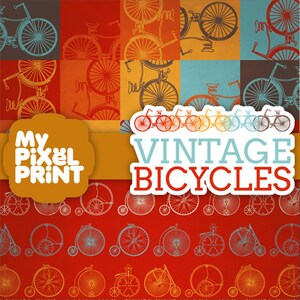 Vintage Bicycles Red Orange Yellow Gray Ride Monocyle Two Wheeler Wheels Bikes Pattern Digital Scrapbooking Paper Pack My Pixel Print image 3