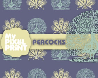 Peacock - Blue Yellow - Illustration animals pop art - Digital Scrapbook Paper and Digital Paper - My Pixel Print