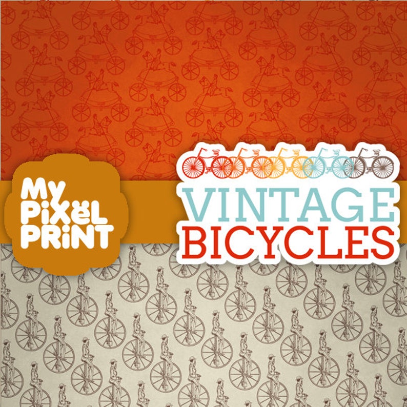 Vintage Bicycles Red Orange Yellow Gray Ride Monocyle Two Wheeler Wheels Bikes Pattern Digital Scrapbooking Paper Pack My Pixel Print image 2