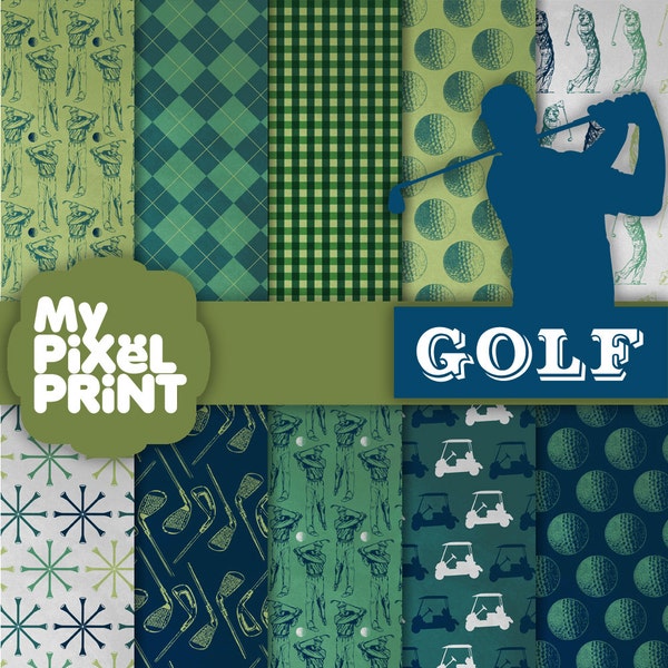 Golf - Blue Green Gray - Sports Tee Fairway Eagle Birdie Golf Car Tournament- Digital Scrapbooking Paper Pack - My Pixel Print