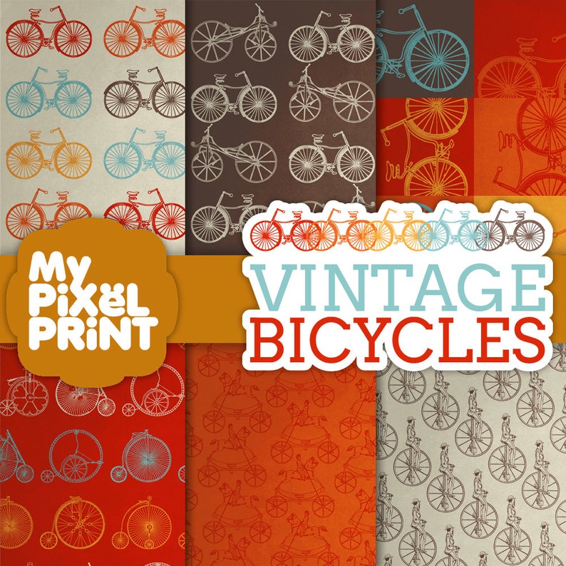 Vintage Bicycles Red Orange Yellow Gray Ride Monocyle Two Wheeler Wheels Bikes Pattern Digital Scrapbooking Paper Pack My Pixel Print image 1