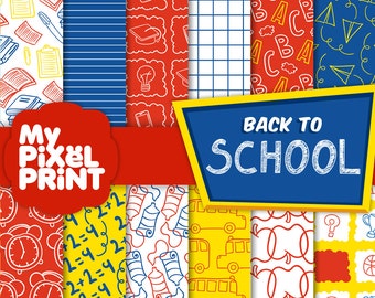 School - Red Blue Yellow - Student Paint Supplies Bus Sports Elementary Graduation - Digital Scrapbooking Paper Pack - My Pixel Print