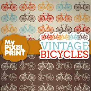 Vintage Bicycles Red Orange Yellow Gray Ride Monocyle Two Wheeler Wheels Bikes Pattern Digital Scrapbooking Paper Pack My Pixel Print image 4