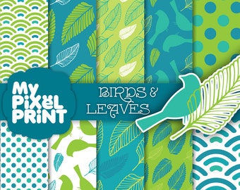 Birds and Leaves - Green Blue White - Dots Summer Pattern - Digital Scrapbooking Paper Pack - My Pixel Print