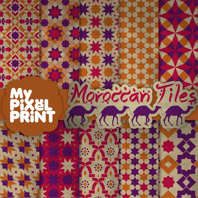 Moroccan Tiles Violet Pink Yellow Arabic Patterns Exotic Travels Digital Scrapbooking Paper Pack My Pixel Print image 1