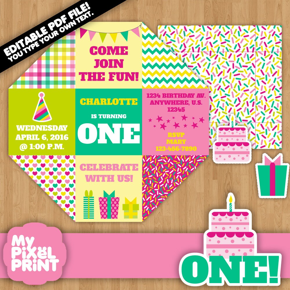 Girl First Birthday Invitation, One Year Invitation DIY. Birthday Box