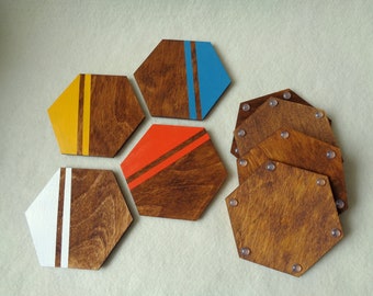 Hexagon Coasters, One coaster or Set of 2, 4, 6, 8 Coasters, Drink Coasters, Neon Geometric Coasters, Hexagon Wood Coasters