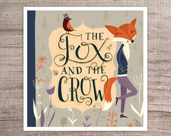 Aesop's Fables - Fox and the Crow Print 8x8 - storybook, hip, children, kids, illustration, fall, anthropomorphic, giclee